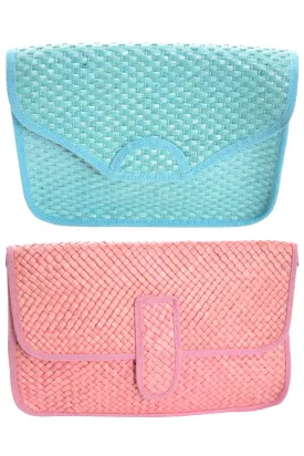 2 NEW 1970s Vintage Handbags Italy Pink Blue Woven Straw Clutch or Shoulder Bag