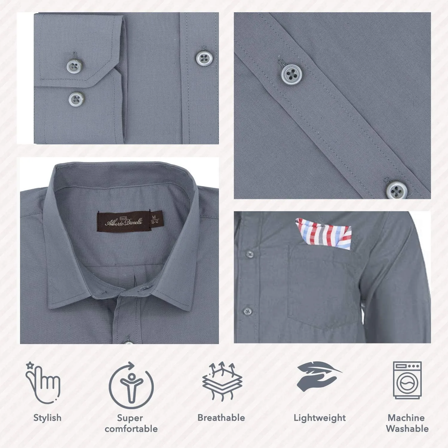 Alberto Danelli Boys Dress Shirt with Matching Tie and Handkerchief, Long Sleeve Button Down, Pocket