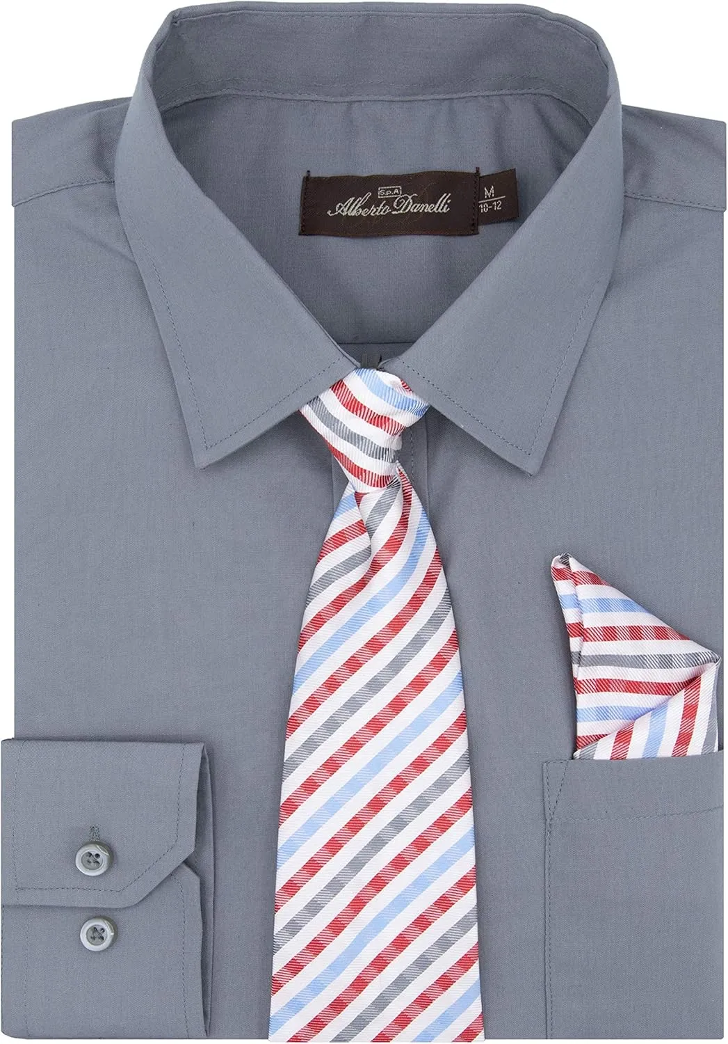 Alberto Danelli Boys Dress Shirt with Matching Tie and Handkerchief, Long Sleeve Button Down, Pocket