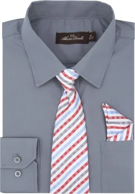 Alberto Danelli Boys Dress Shirt with Matching Tie and Handkerchief, Long Sleeve Button Down, Pocket
