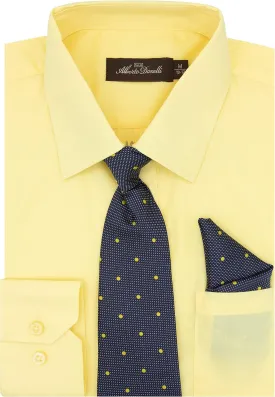 Alberto Danelli Boys Dress Shirt with Matching Tie and Handkerchief, Long Sleeve Button Down, Pocket