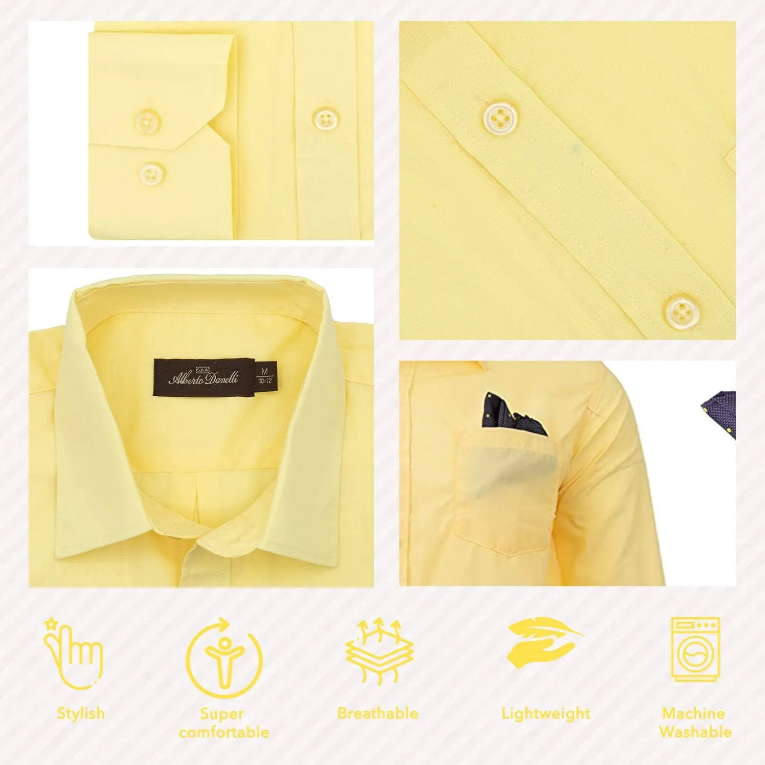 Alberto Danelli Boys Dress Shirt with Matching Tie and Handkerchief, Long Sleeve Button Down, Pocket