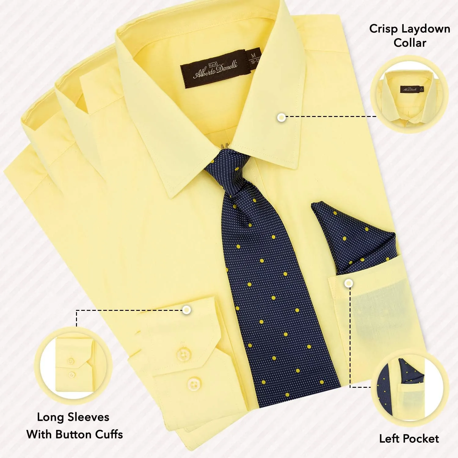 Alberto Danelli Boys Dress Shirt with Matching Tie and Handkerchief, Long Sleeve Button Down, Pocket