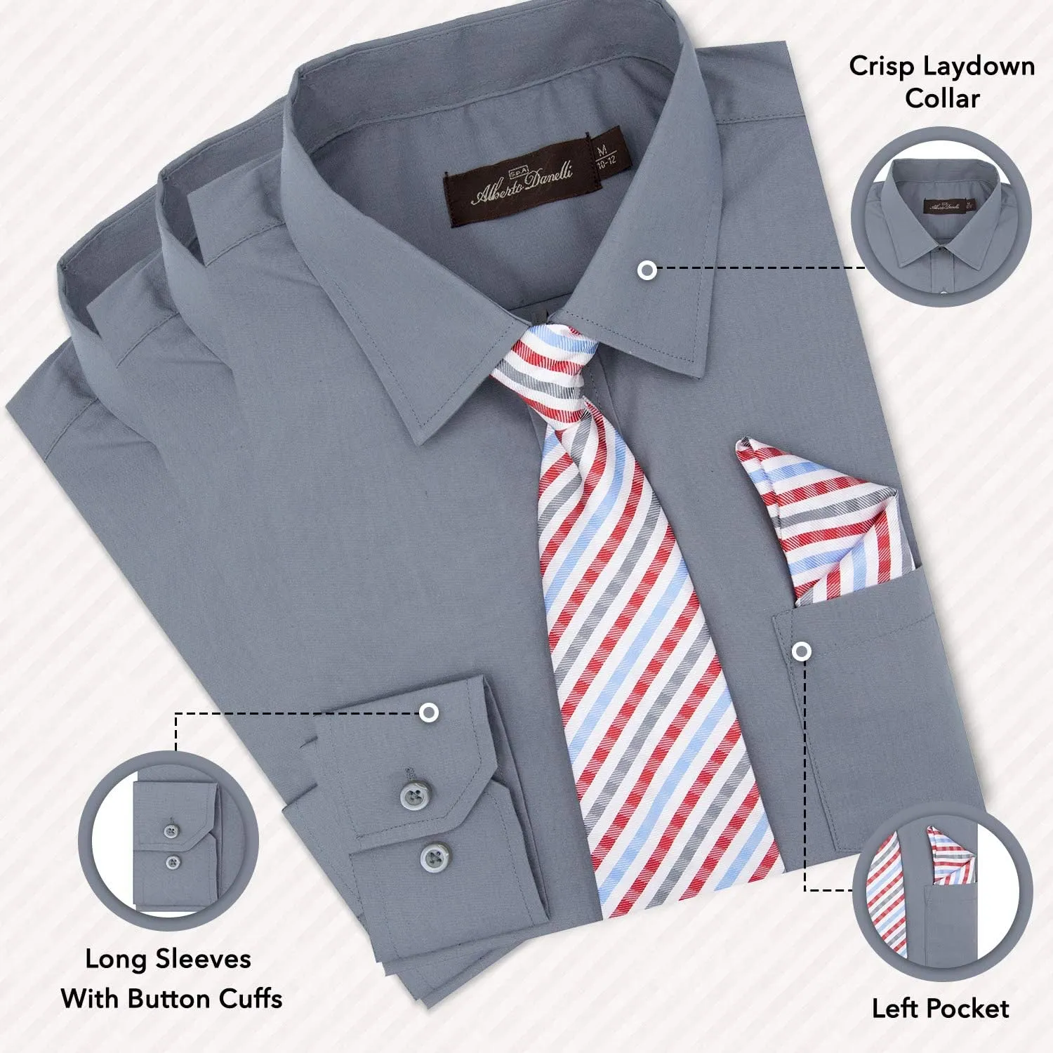 Alberto Danelli Boys Dress Shirt with Matching Tie and Handkerchief, Long Sleeve Button Down, Pocket
