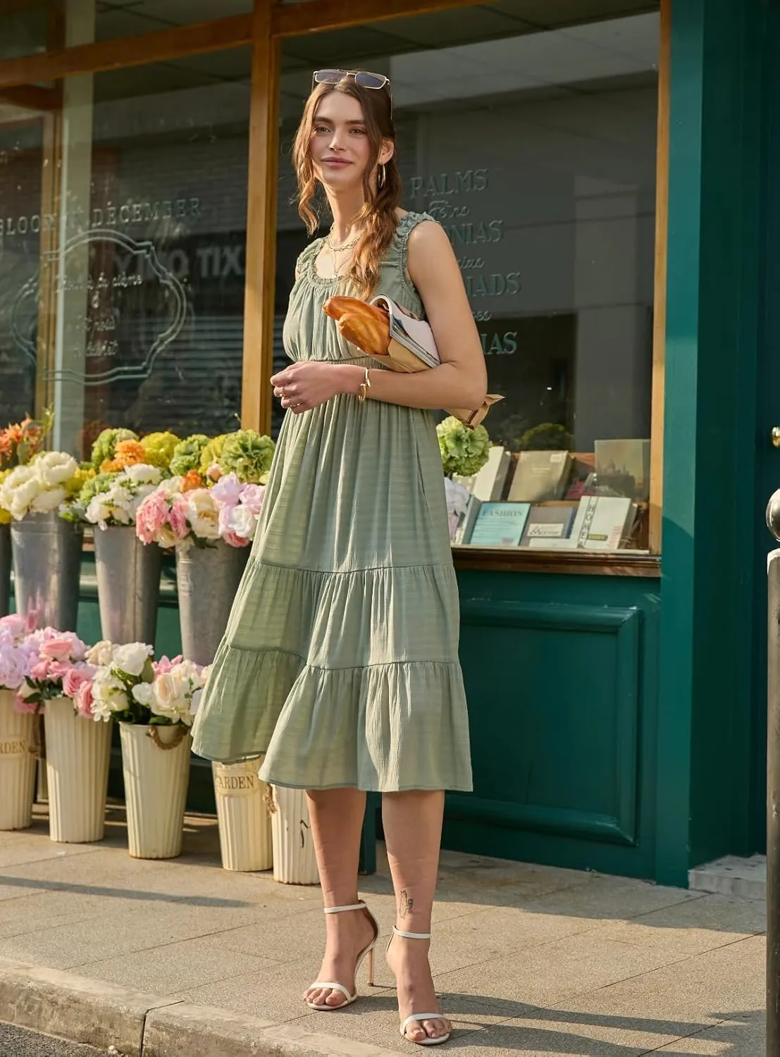 AlvaQ Women Summer Dresses Sleeveless Smocked Midi Dress High Waist Casual Tiered A Line Sundress with Pockets