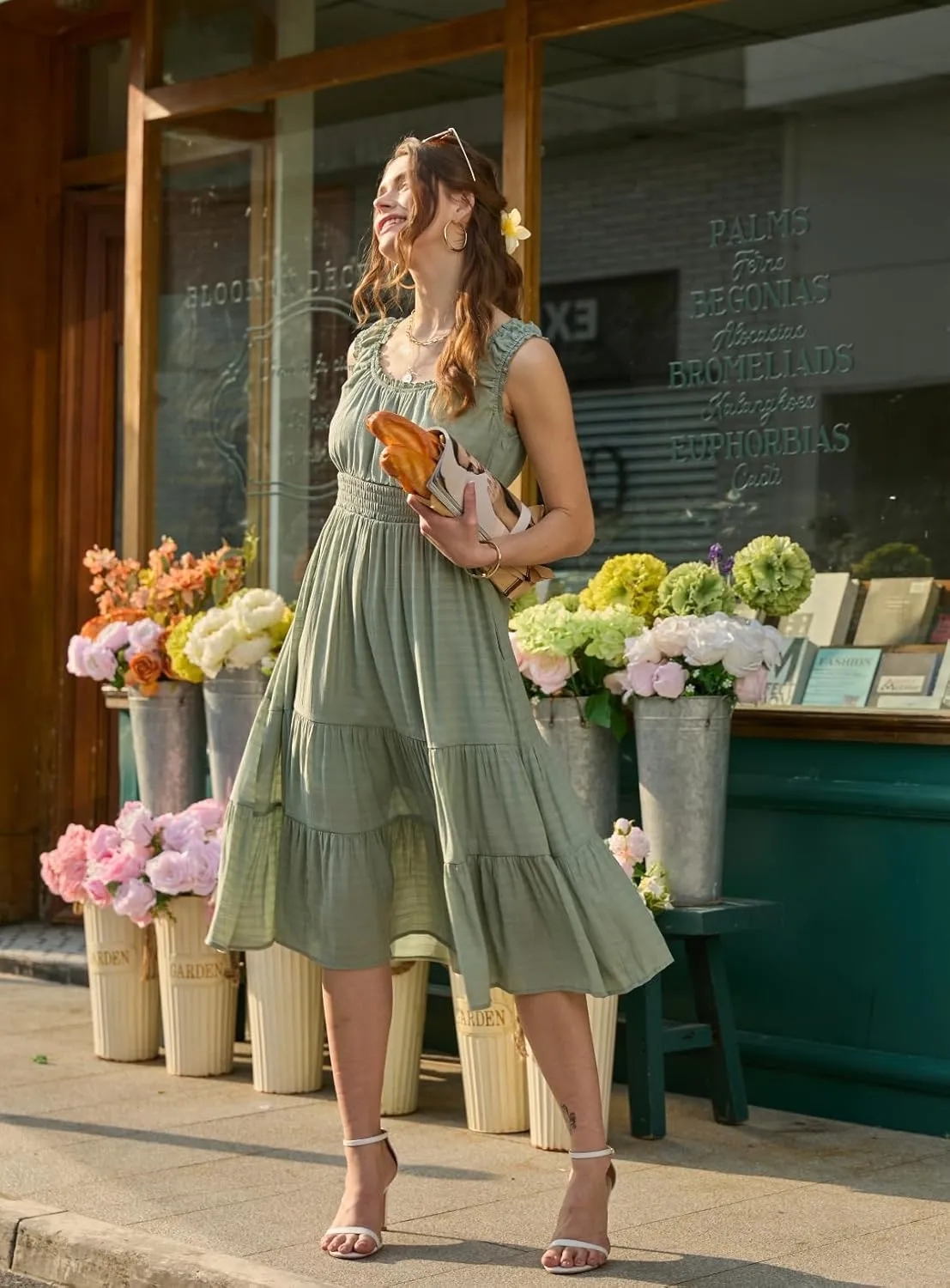 AlvaQ Women Summer Dresses Sleeveless Smocked Midi Dress High Waist Casual Tiered A Line Sundress with Pockets