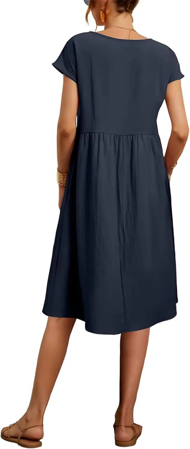 Baggy Crew Neck Dress for Women Summer Casual Comfy Cotton Short Sleeve Tunic Beach Midi Dresses with Pockets