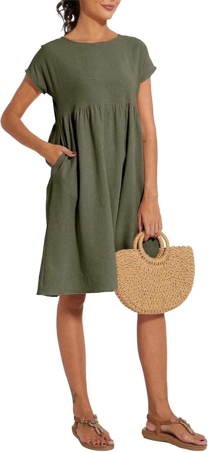 Baggy Crew Neck Dress for Women Summer Casual Comfy Cotton Short Sleeve Tunic Beach Midi Dresses with Pockets