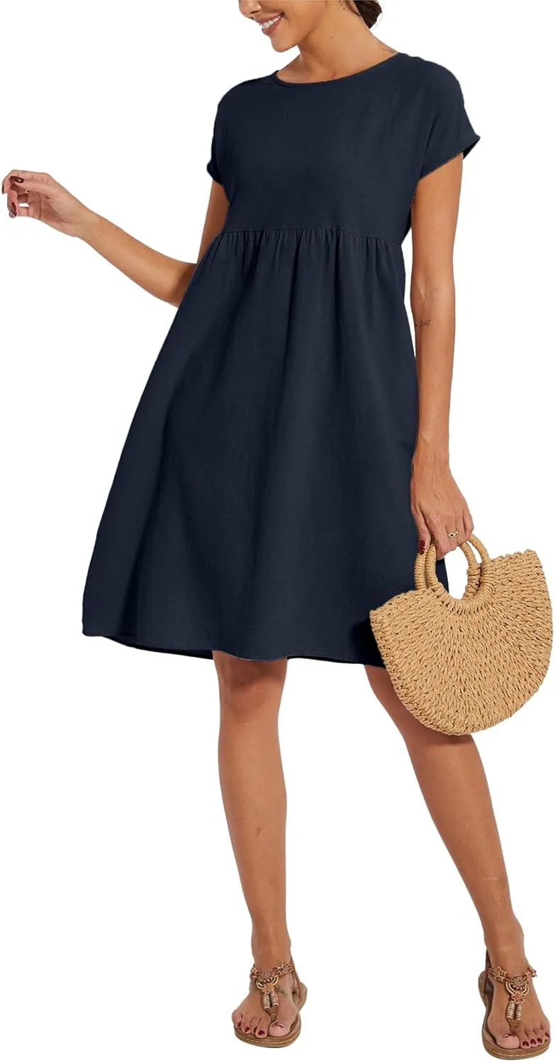 Baggy Crew Neck Dress for Women Summer Casual Comfy Cotton Short Sleeve Tunic Beach Midi Dresses with Pockets