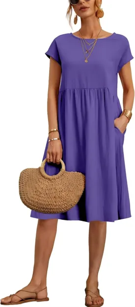 Baggy Crew Neck Dress for Women Summer Casual Comfy Cotton Short Sleeve Tunic Beach Midi Dresses with Pockets