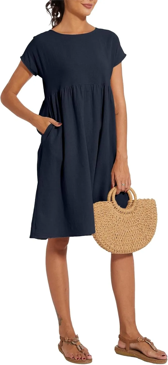 Baggy Crew Neck Dress for Women Summer Casual Comfy Cotton Short Sleeve Tunic Beach Midi Dresses with Pockets