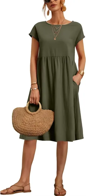 Baggy Crew Neck Dress for Women Summer Casual Comfy Cotton Short Sleeve Tunic Beach Midi Dresses with Pockets