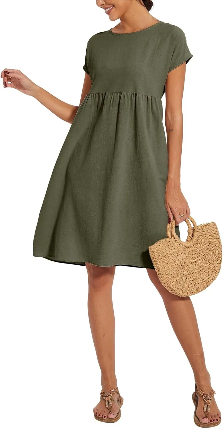 Baggy Crew Neck Dress for Women Summer Casual Comfy Cotton Short Sleeve Tunic Beach Midi Dresses with Pockets