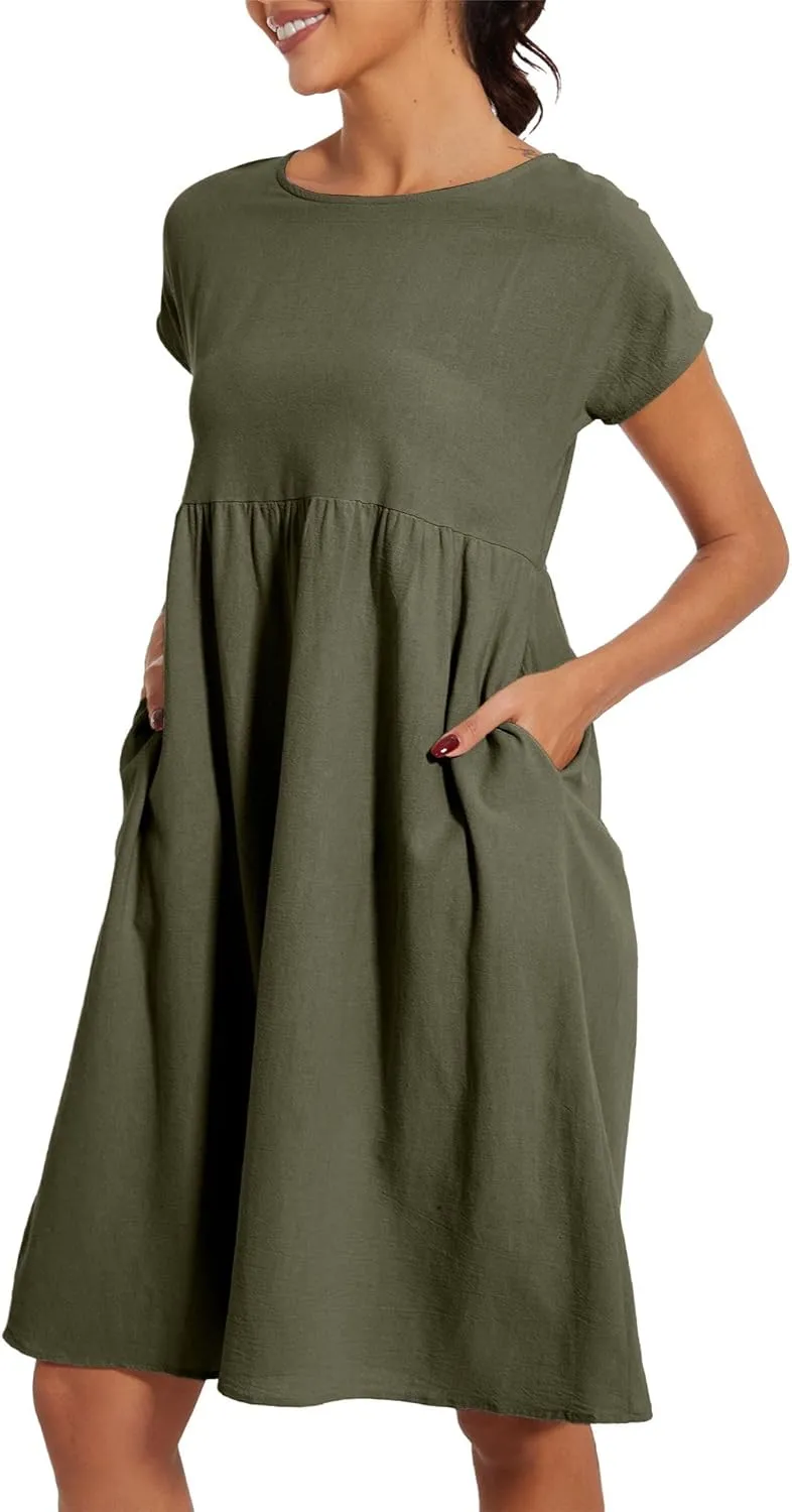 Baggy Crew Neck Dress for Women Summer Casual Comfy Cotton Short Sleeve Tunic Beach Midi Dresses with Pockets