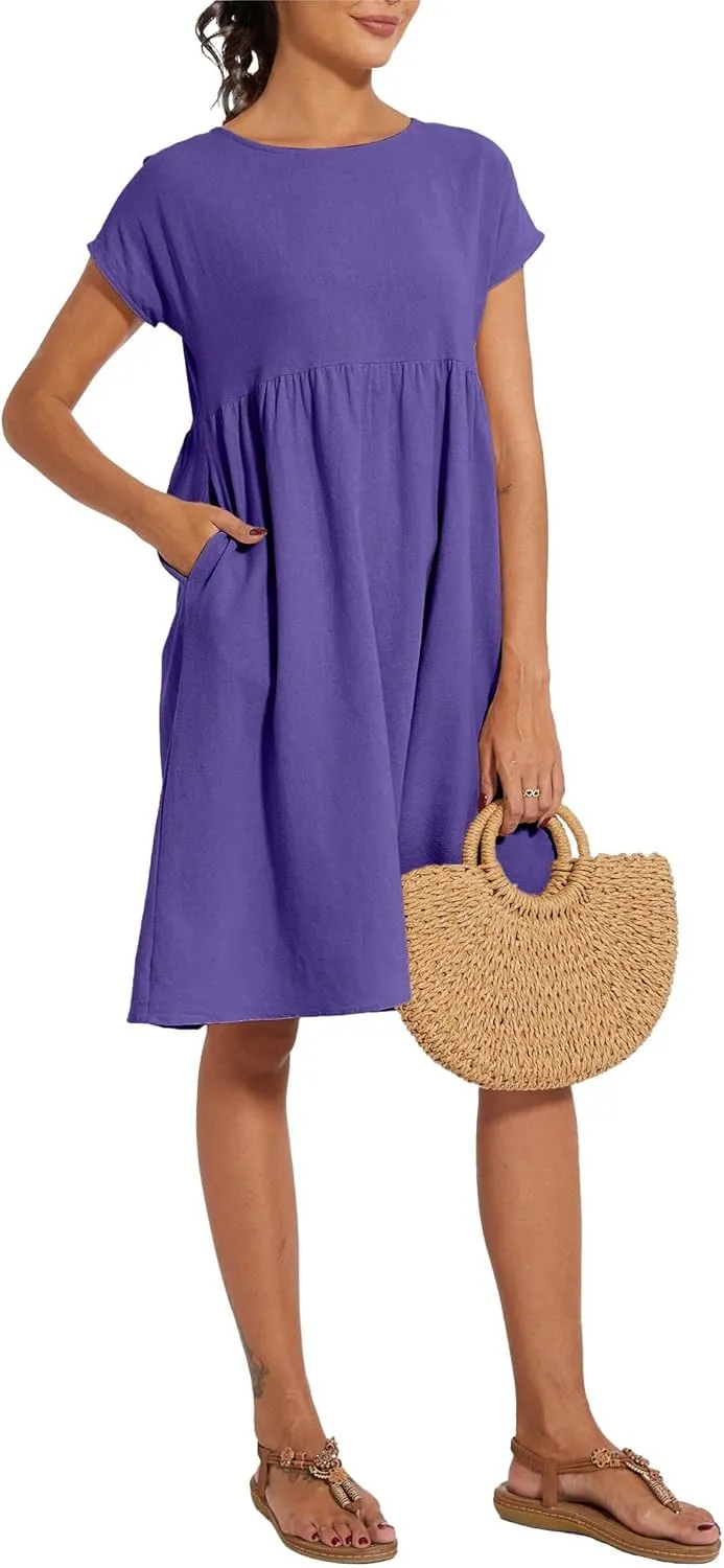 Baggy Crew Neck Dress for Women Summer Casual Comfy Cotton Short Sleeve Tunic Beach Midi Dresses with Pockets