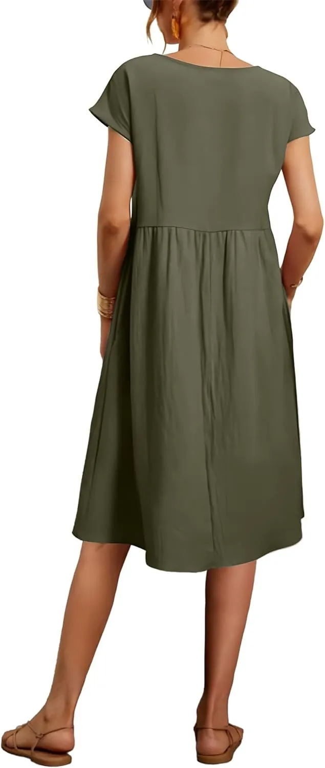 Baggy Crew Neck Dress for Women Summer Casual Comfy Cotton Short Sleeve Tunic Beach Midi Dresses with Pockets