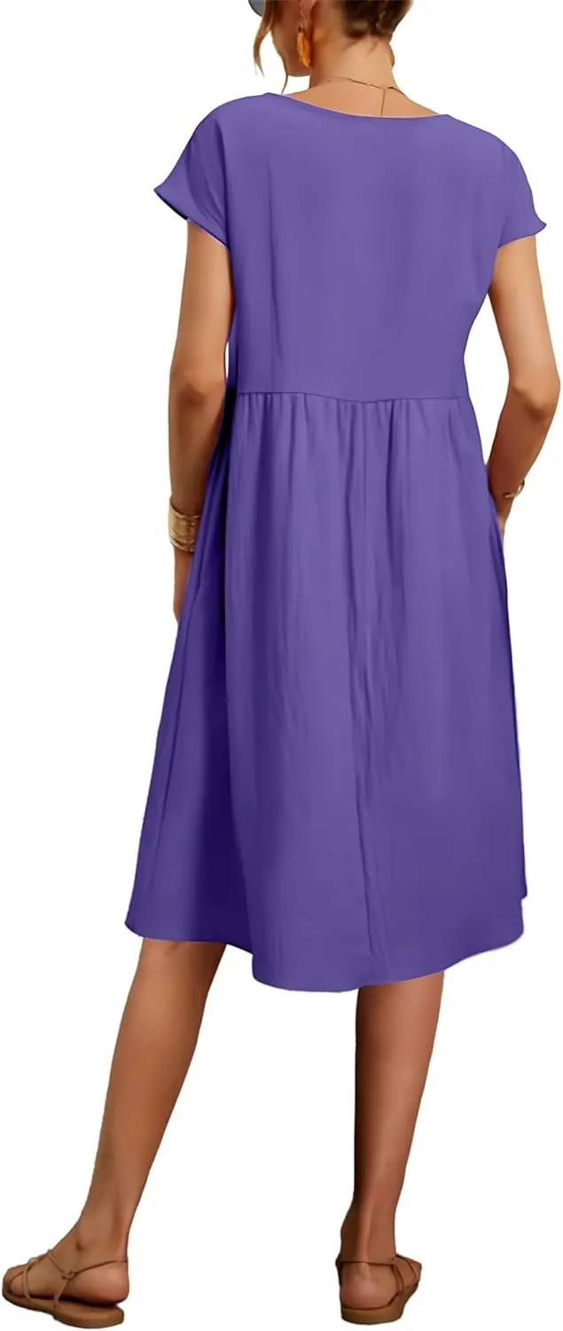 Baggy Crew Neck Dress for Women Summer Casual Comfy Cotton Short Sleeve Tunic Beach Midi Dresses with Pockets