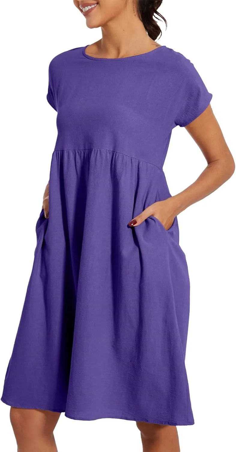 Baggy Crew Neck Dress for Women Summer Casual Comfy Cotton Short Sleeve Tunic Beach Midi Dresses with Pockets