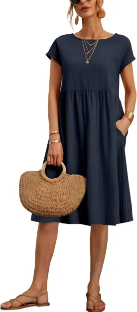 Baggy Crew Neck Dress for Women Summer Casual Comfy Cotton Short Sleeve Tunic Beach Midi Dresses with Pockets