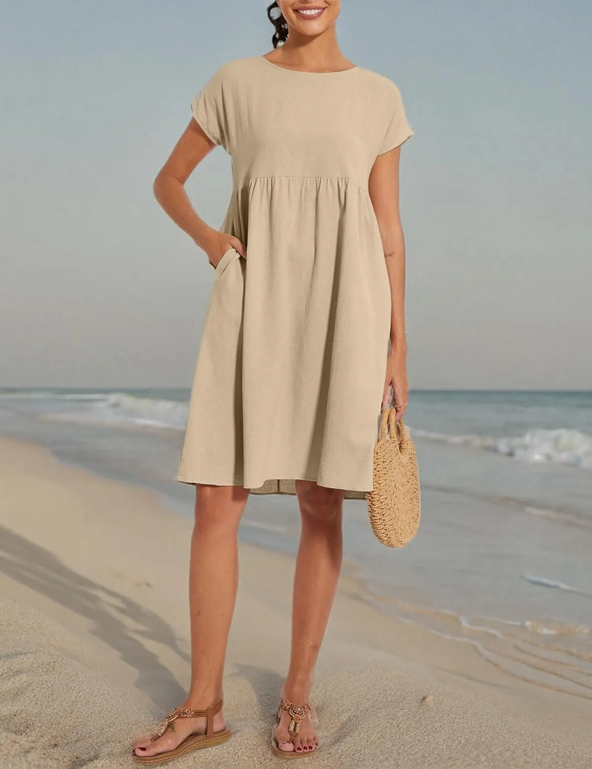 Baggy Crew Neck Dress for Women Summer Casual Comfy Cotton Short Sleeve Tunic Beach Midi Dresses with Pockets