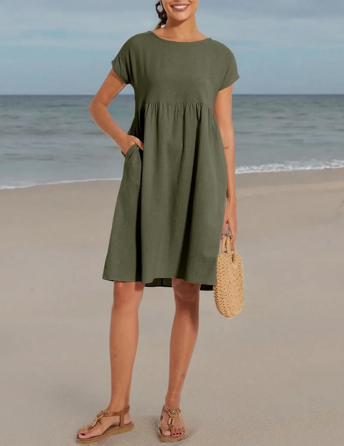 Baggy Crew Neck Dress for Women Summer Casual Comfy Cotton Short Sleeve Tunic Beach Midi Dresses with Pockets