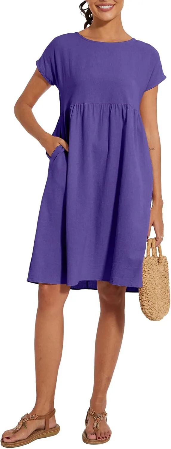 Baggy Crew Neck Dress for Women Summer Casual Comfy Cotton Short Sleeve Tunic Beach Midi Dresses with Pockets
