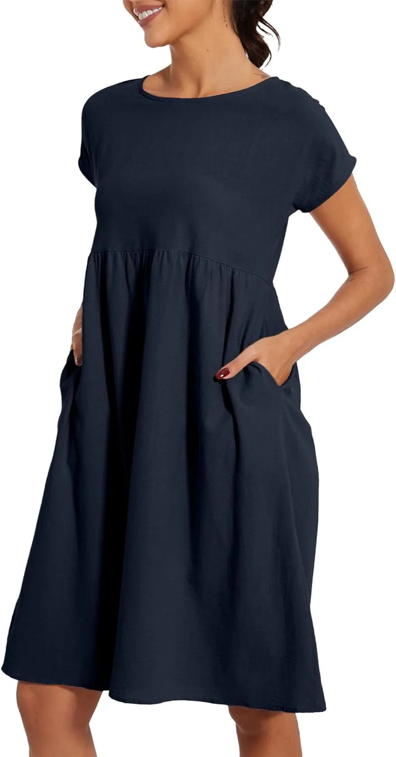 Baggy Crew Neck Dress for Women Summer Casual Comfy Cotton Short Sleeve Tunic Beach Midi Dresses with Pockets