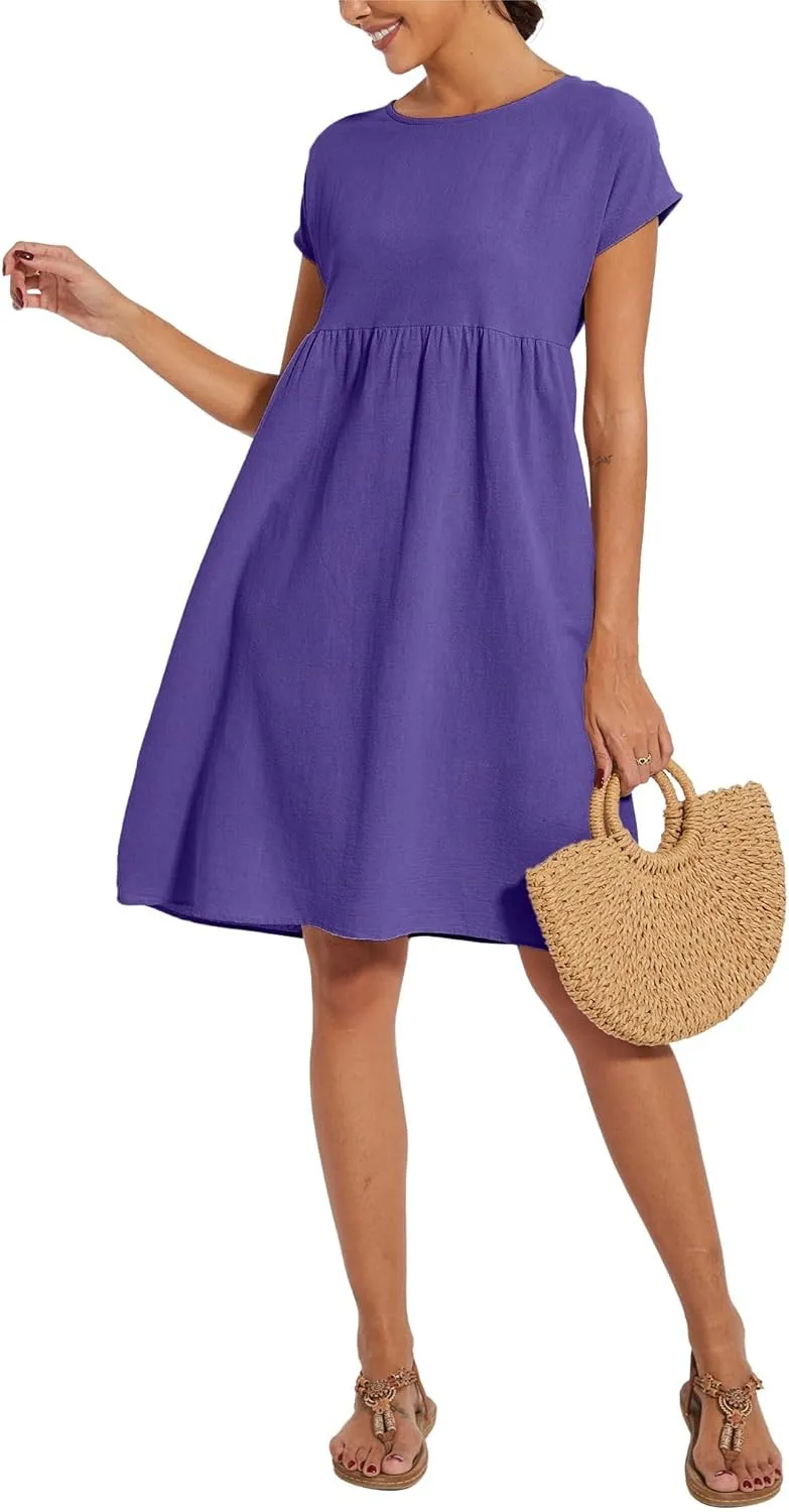 Baggy Crew Neck Dress for Women Summer Casual Comfy Cotton Short Sleeve Tunic Beach Midi Dresses with Pockets