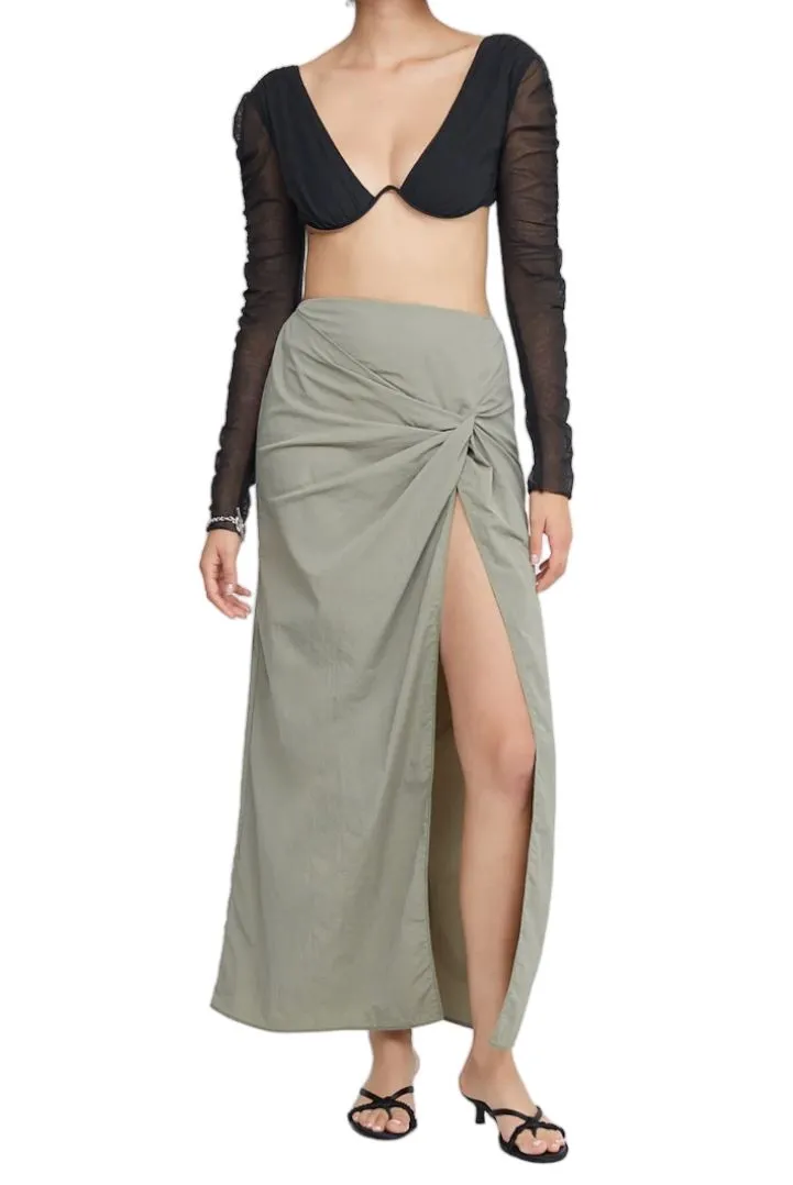 BEC   BRIDGE Adrianna Maxi Skirt | Sage/Khaki | Front Slit, Twist Detail