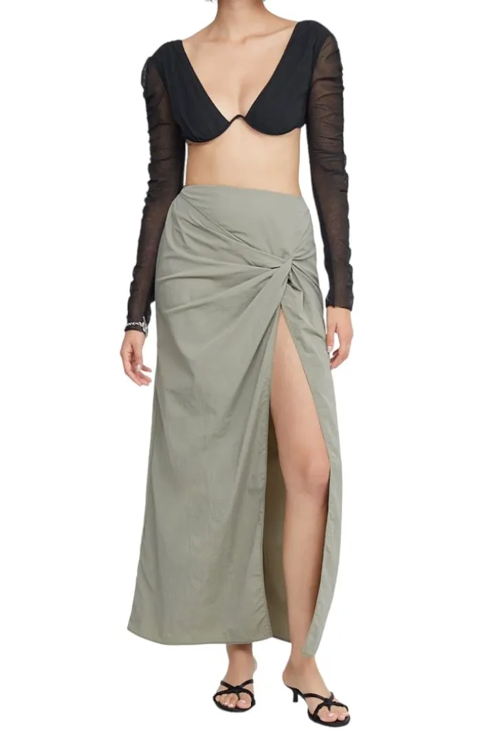 BEC   BRIDGE Adrianna Maxi Skirt | Sage/Khaki | Front Slit, Twist Detail