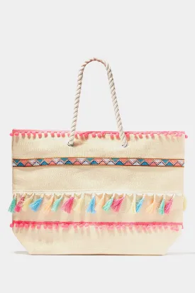 Beige Straw Tassel Beach Bag