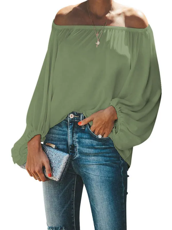 Bellamy Women's Off-Shoulder Solid Color Simple Lantern Sleeve Loose Long-Sleeved Top