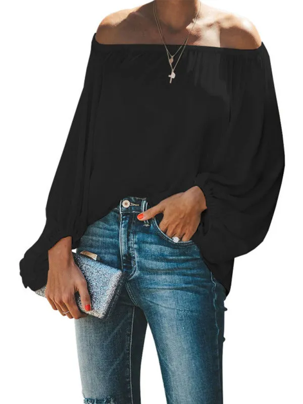 Bellamy Women's Off-Shoulder Solid Color Simple Lantern Sleeve Loose Long-Sleeved Top
