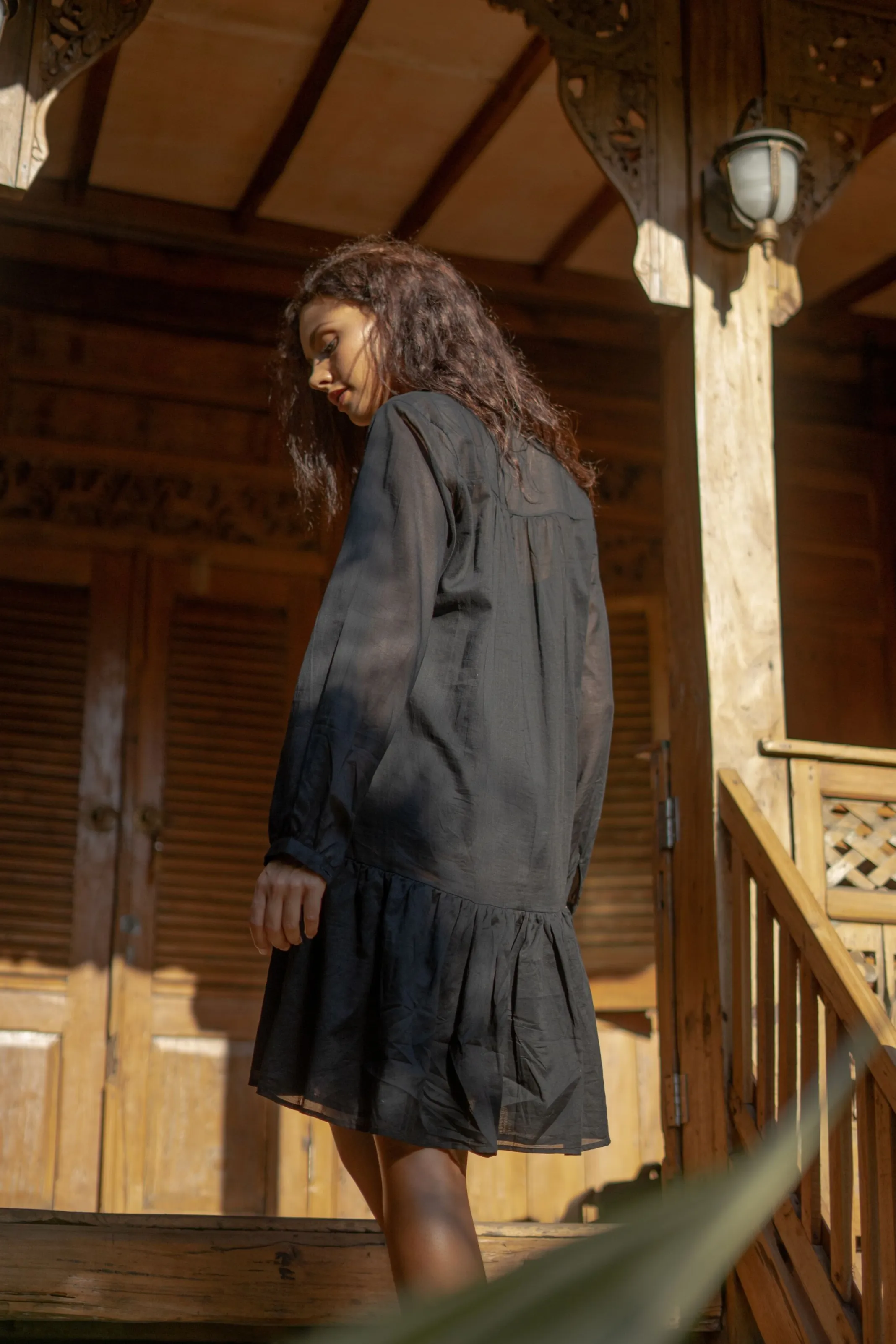 Black Cotton Boho Dress With Bottom Frill | Mia