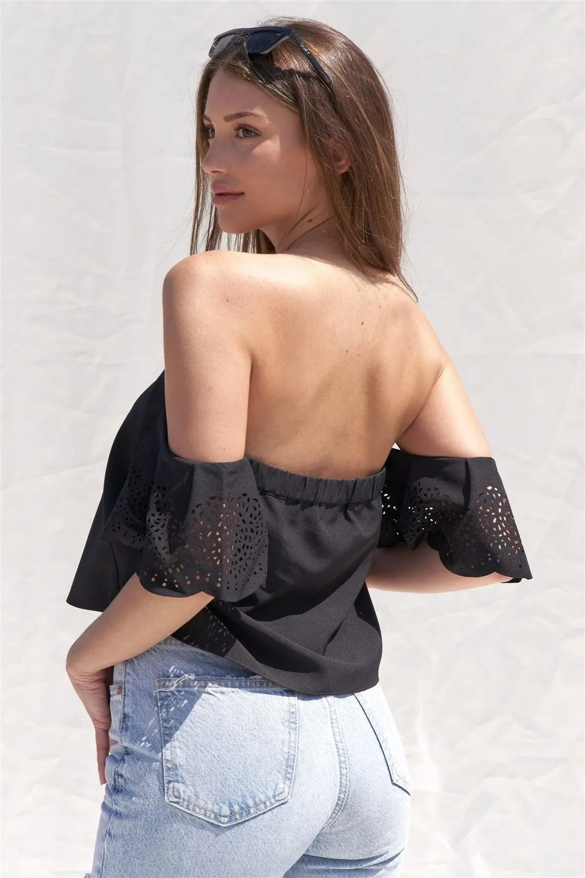 Black Off The Shoulder Confetti Cutout Sleeve Top /1-2-2-1