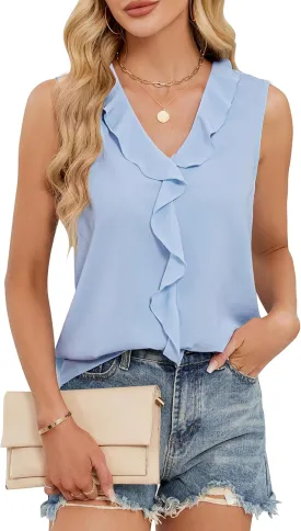 Blooming Jelly Womens Summer Tank Tops V Neck Ruffle Sleeveless Business Casual Outfit Ladies Trendy Work Dressy Blouse