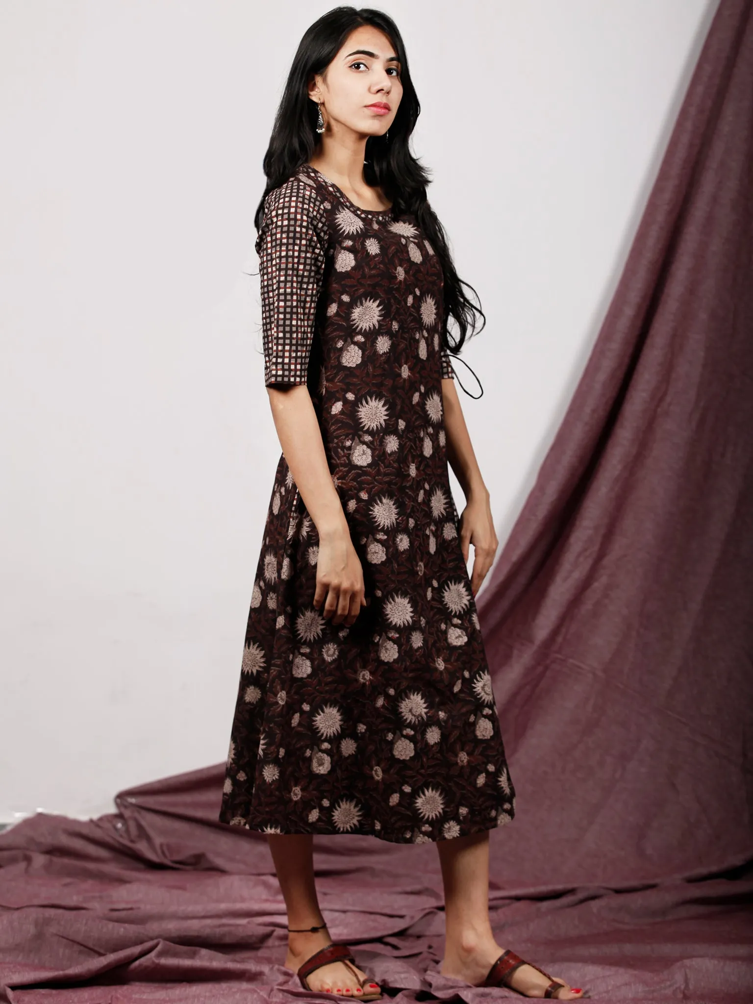 Brown Grey Black Ivory Hand Block Printed Midi Length Cross Over Dress With Side Pockets - D225F1330