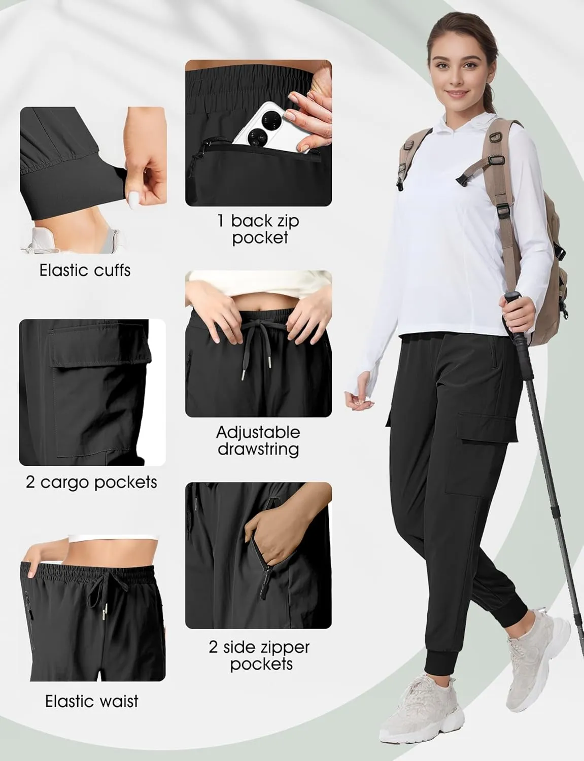 Buauty Womens Joggers Quick Dry Lightweight Cargo Joggers Hiking Pants with Pockets Elastic Waist for Travel and Camping