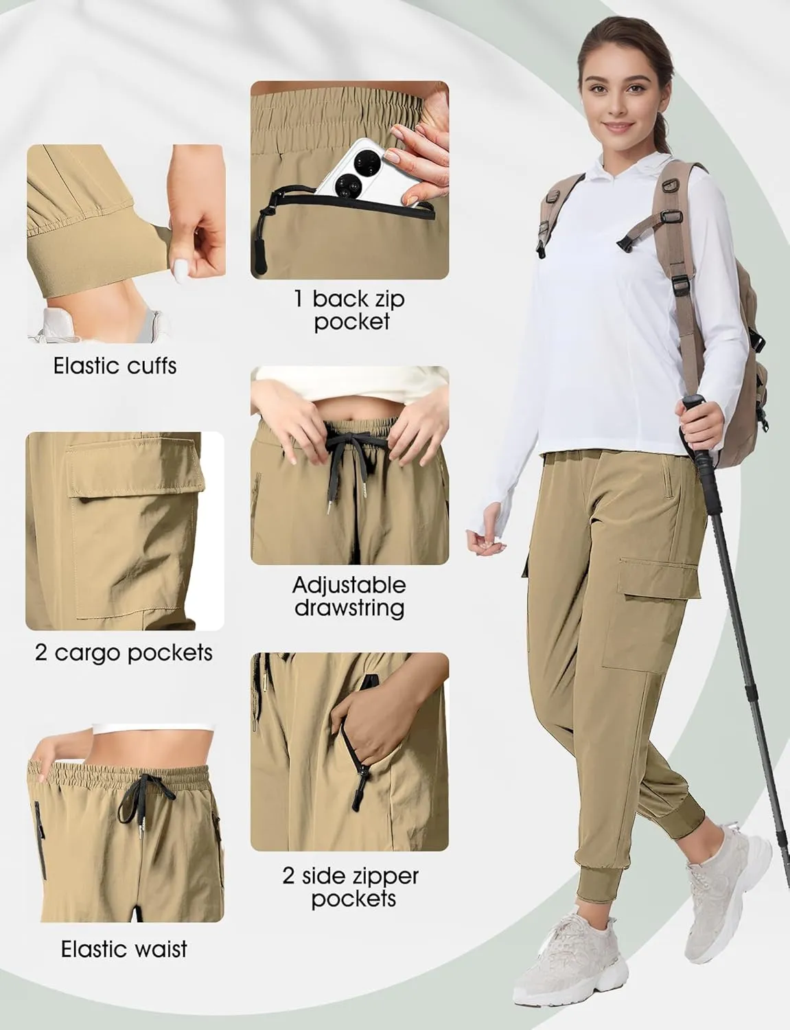 Buauty Womens Joggers Quick Dry Lightweight Cargo Joggers Hiking Pants with Pockets Elastic Waist for Travel and Camping