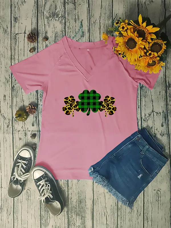 Camila Women's V-Neck Clover Print Short-Sleeved T-Shirt