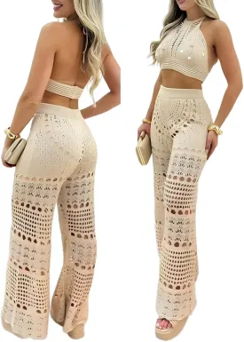 ChicMe Womens Crochet Cover-ups 2 Pieces Halter Sleeveless Crop Top and Casual Hollow-out Loose Fit Pants Set