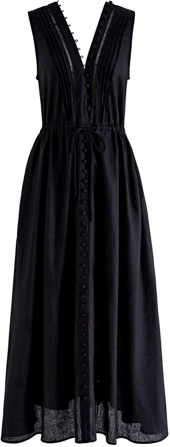 CHICWISH Women V Neck Sleeveless Midi Long Dress Casual Button Beach Summer Vacation Linen Midi Dress with Side Pockets