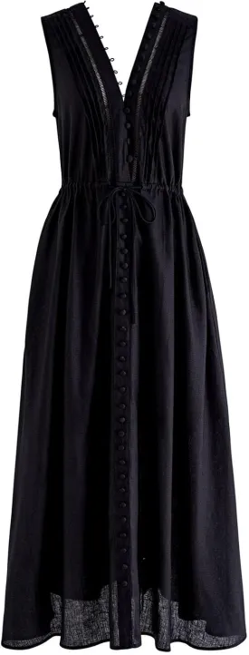CHICWISH Women V Neck Sleeveless Midi Long Dress Casual Button Beach Summer Vacation Linen Midi Dress with Side Pockets