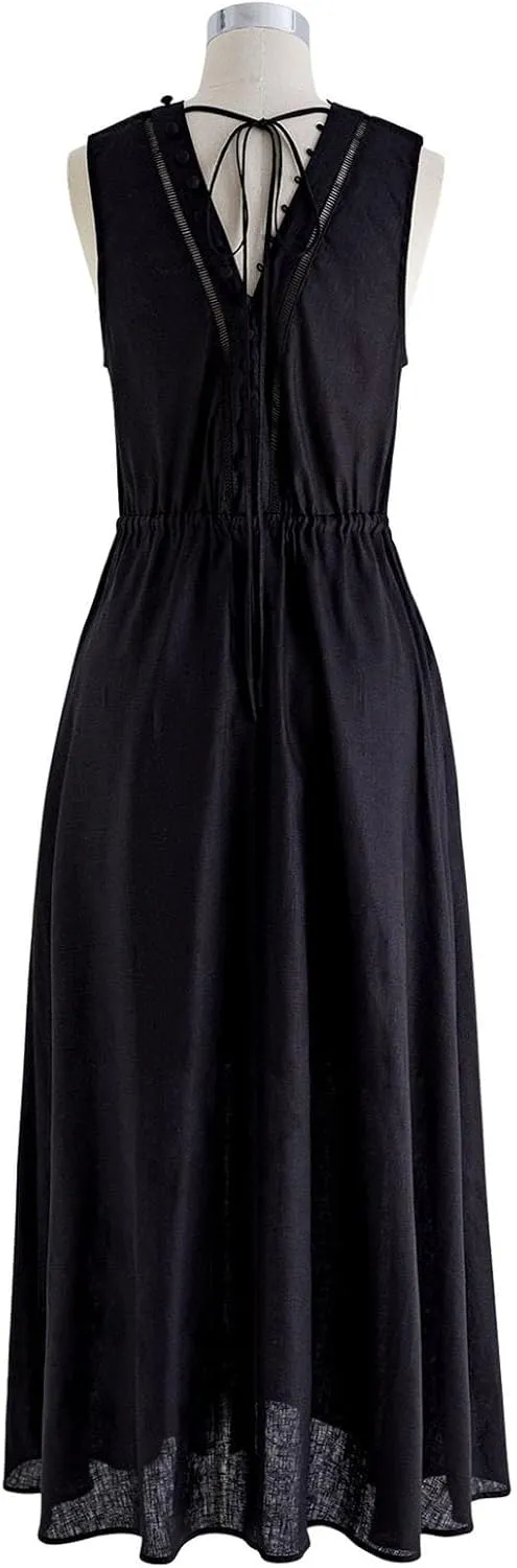 CHICWISH Women V Neck Sleeveless Midi Long Dress Casual Button Beach Summer Vacation Linen Midi Dress with Side Pockets