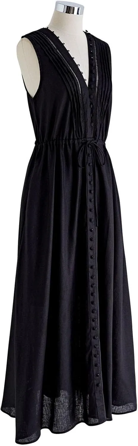 CHICWISH Women V Neck Sleeveless Midi Long Dress Casual Button Beach Summer Vacation Linen Midi Dress with Side Pockets