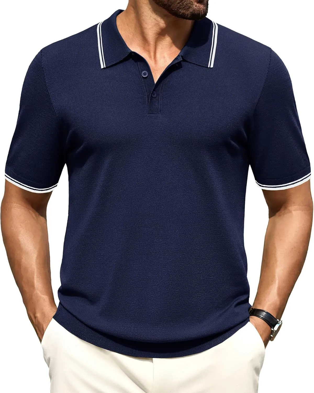Cotrasen Mens Polo Shirts Short Sleeve Breathable Textured Knit Polo Shirt Casual Button Down Golf Shirts
