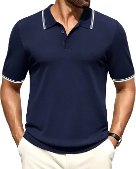Cotrasen Mens Polo Shirts Short Sleeve Breathable Textured Knit Polo Shirt Casual Button Down Golf Shirts