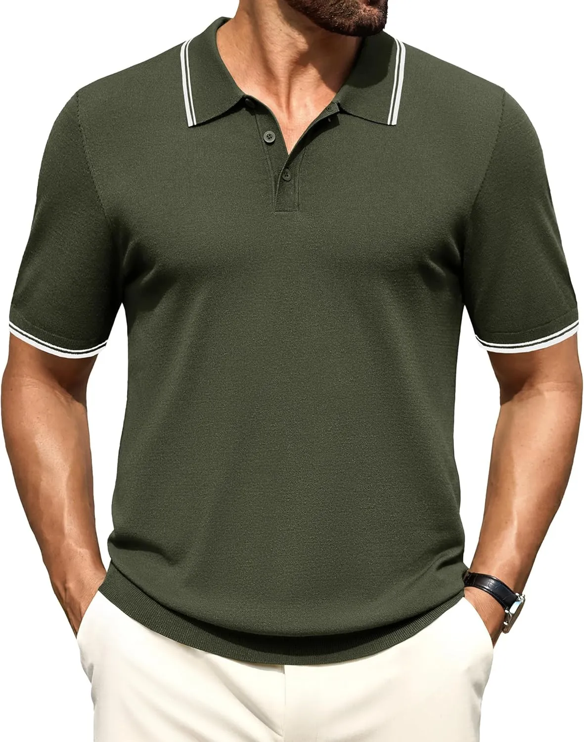Cotrasen Mens Polo Shirts Short Sleeve Breathable Textured Knit Polo Shirt Casual Button Down Golf Shirts