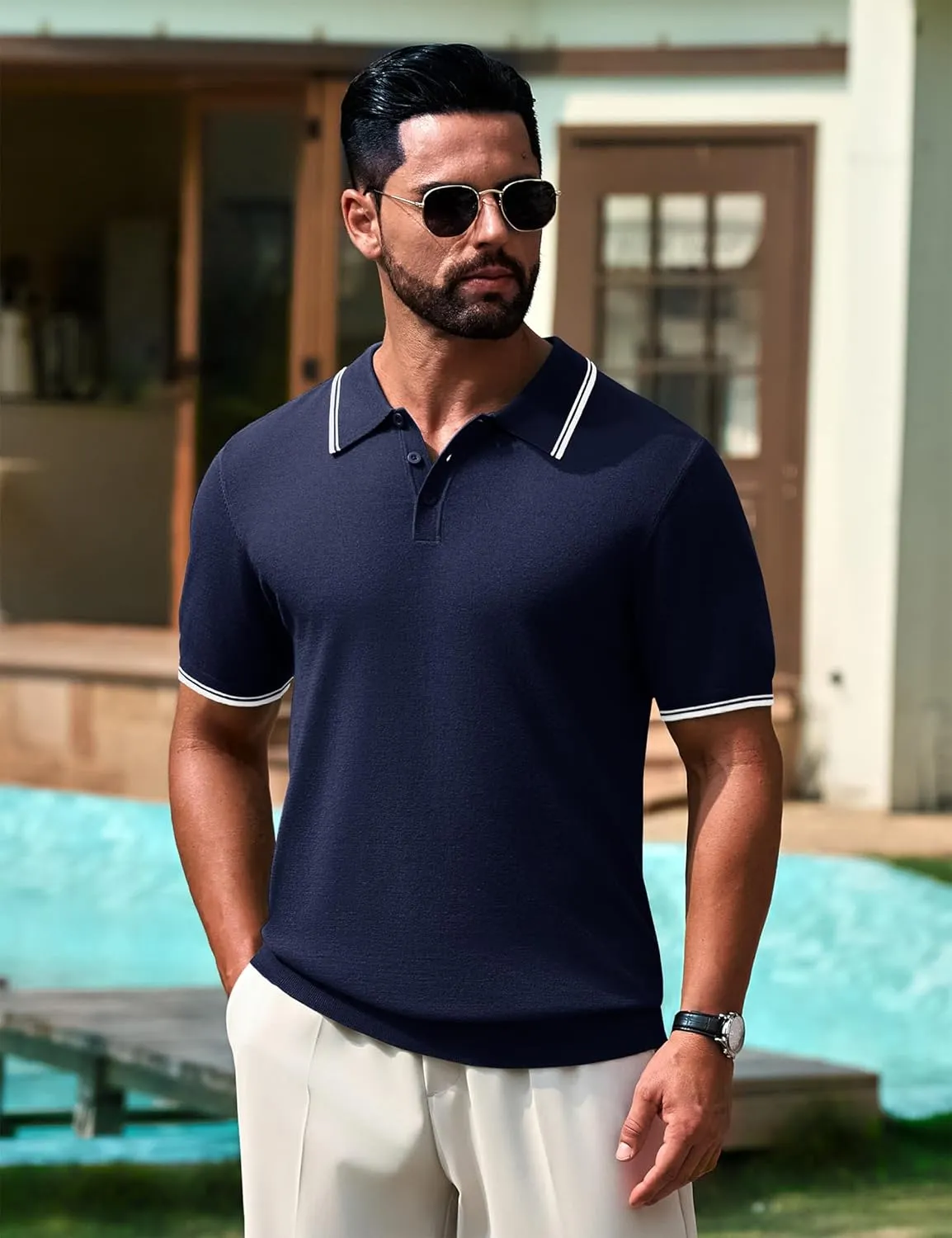 Cotrasen Mens Polo Shirts Short Sleeve Breathable Textured Knit Polo Shirt Casual Button Down Golf Shirts