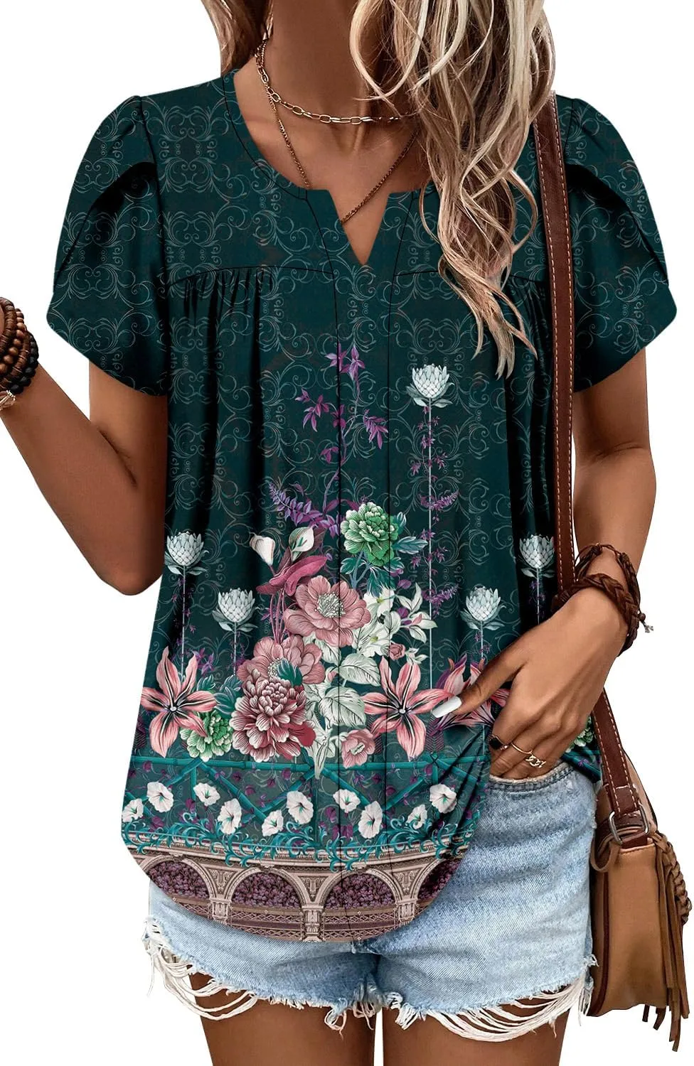 CRAZY GRID Womens Summer Tops Petal Short Sleeve Tshirt Summer Floral Boho Shirts Casual Flowy Tee Comfy Blouses